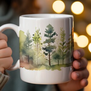 Watercolor Forest Landscape Mug, Nature Inspired Coffee Cup, Woodland Scenery Tea Mug, Artistic Tree Design Drinkware, Gift Idea