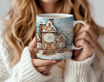 Whimsical Winter Clock Tower Mug, Cozy Snowy Cabin Artwork, Fairytale Christmas Mug, Winter Wonderland Coffee Cup, Unique Holiday Gift