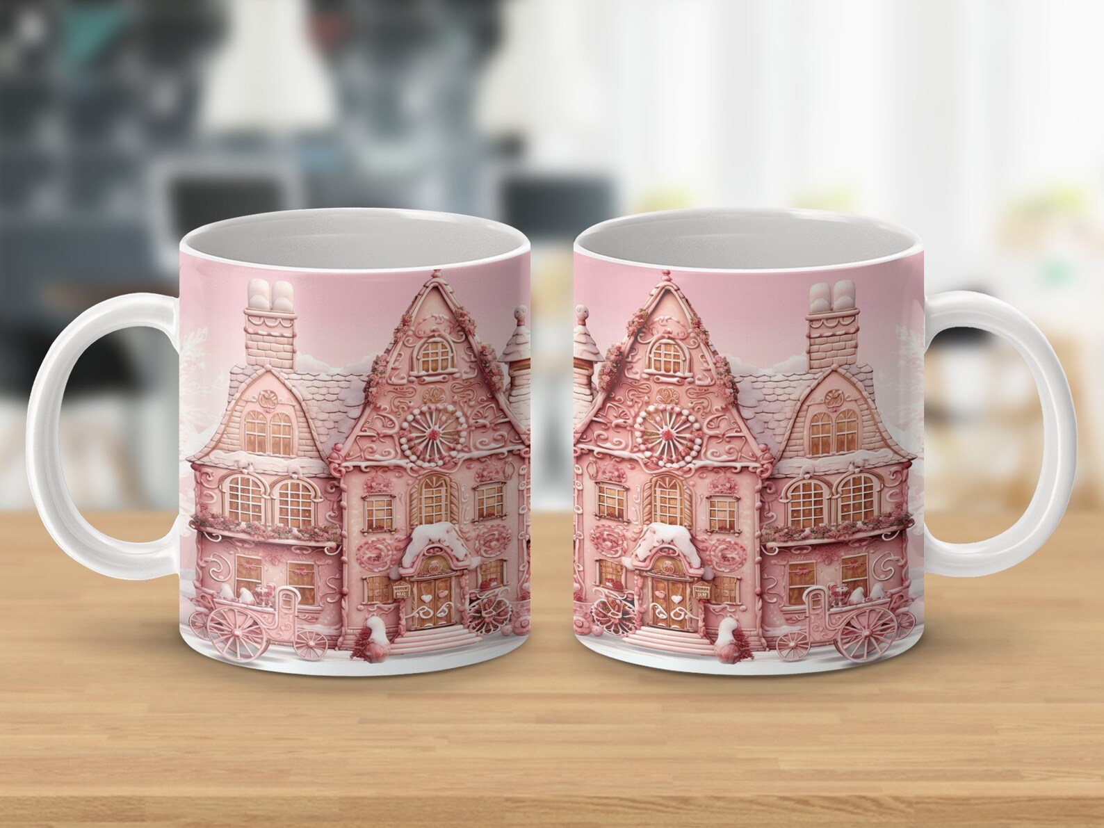 Gingerbread House Themed Mug, Cottage Style Coffee Cup, Pink Winter