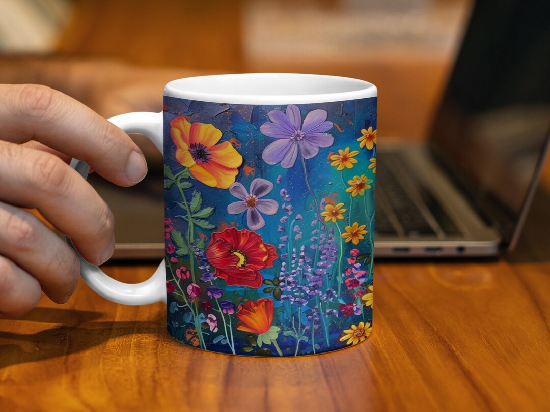 Colorful Floral Mug, Bright Wildflower Coffee Cup, Artistic Butterfly ...