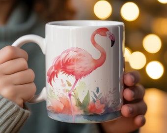 Watercolor Flamingo Mug, Tropical Bird Coffee Cup, Pink Flamingo Tea Mug, Unique Bird Lover Gift, Office Desk Accessory, Artistic Drinkware