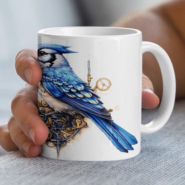 Steampunk Blue Jay Bird Mechanical Gear Art Coffee Mug, Unique Bird Lover Gift, Artistically Designed Drinkware