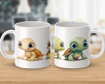 Adorable Cartoon Turtle Mug, Cute Turtle Coffee Cup, Green Turtle Lover Gift, Animal Themed Kitchenware, Unique Illustrated Mug for Kids