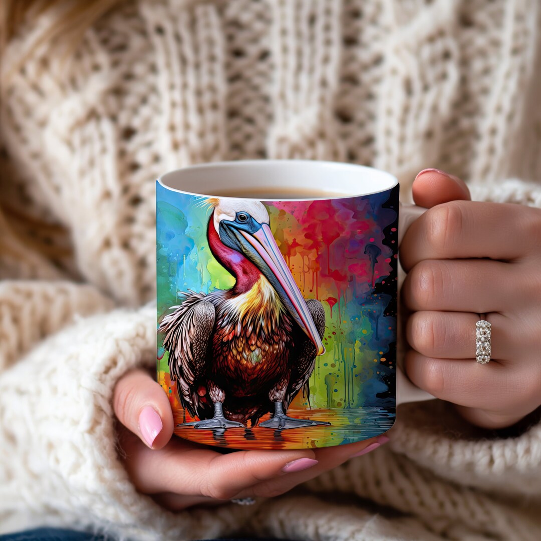 Image showcasing Colorful Pelican Mug, Vibrant Bird Art Coffee Mug, Nature-inspired ...