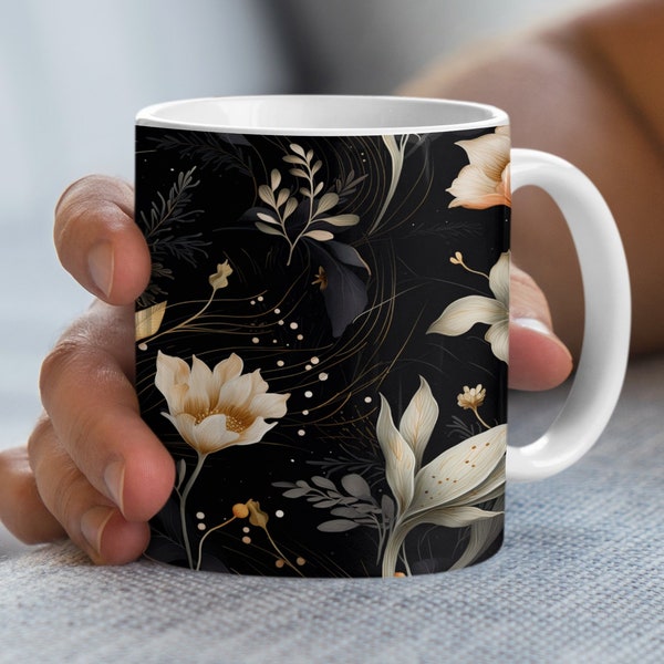 Elegant Floral Coffee Mug, Symmetrical Flower and Leaf Design in Warm Tones, Unique Artistic Drinkware