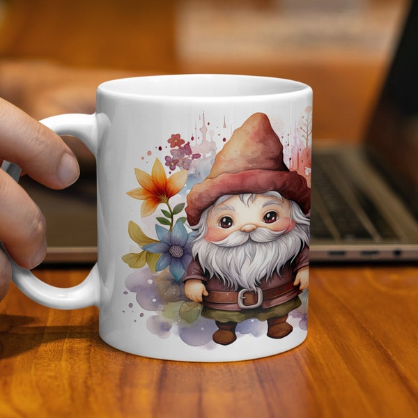 Watercolor Garden Gnome Mug, Floral Whimsical Fantasy Art Coffee Cup, Unique Home Decor Gift