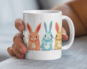 Colorful Bunny Lineup Mug, Cute Rabbit Collector's Coffee Cup, Easter Gift, Animal Lover Drinkware
