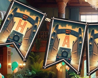 May include: A banner with the words "Jurassic Party" in black letters on a yellow background. The banner is made up of 10 flags, each with a different letter. The flags are strung together with string. The background is a blurry image of a room with tables and chairs.