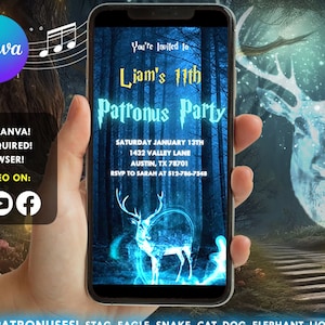 Könnte beinhalten: Eine digitale Video-Einladungsvorlage für eine Patronus-Party. Die Vorlage zeigt einen blauen Hirsch-Patronus in einer Waldkulisse. Der Text auf der Vorlage lautet "You're Invited to Liam's 11th Patronus Party".