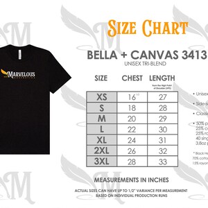May include: Black unisex tri-blend t-shirt with the "Marvelous Aesthetics" logo in gold. The size chart shows chest measurements from 16 to 28 inches and lengths from 27 to 33 inches. The shirt is side-seamed and has a classic fit.
