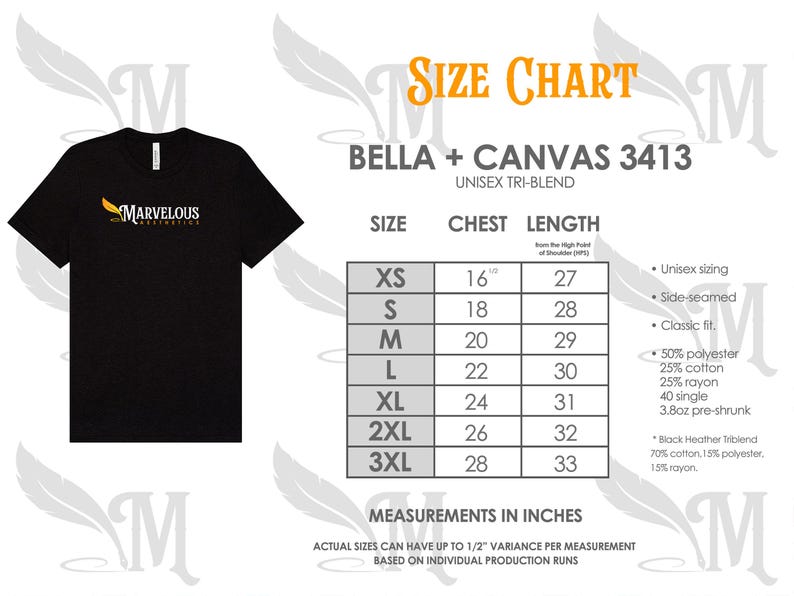 May include: Black unisex tri-blend t-shirt with the "Marvelous Aesthetics" logo in gold. The size chart shows chest measurements from 16 to 28 inches and lengths from 27 to 33 inches. The shirt is side-seamed and has a classic fit.