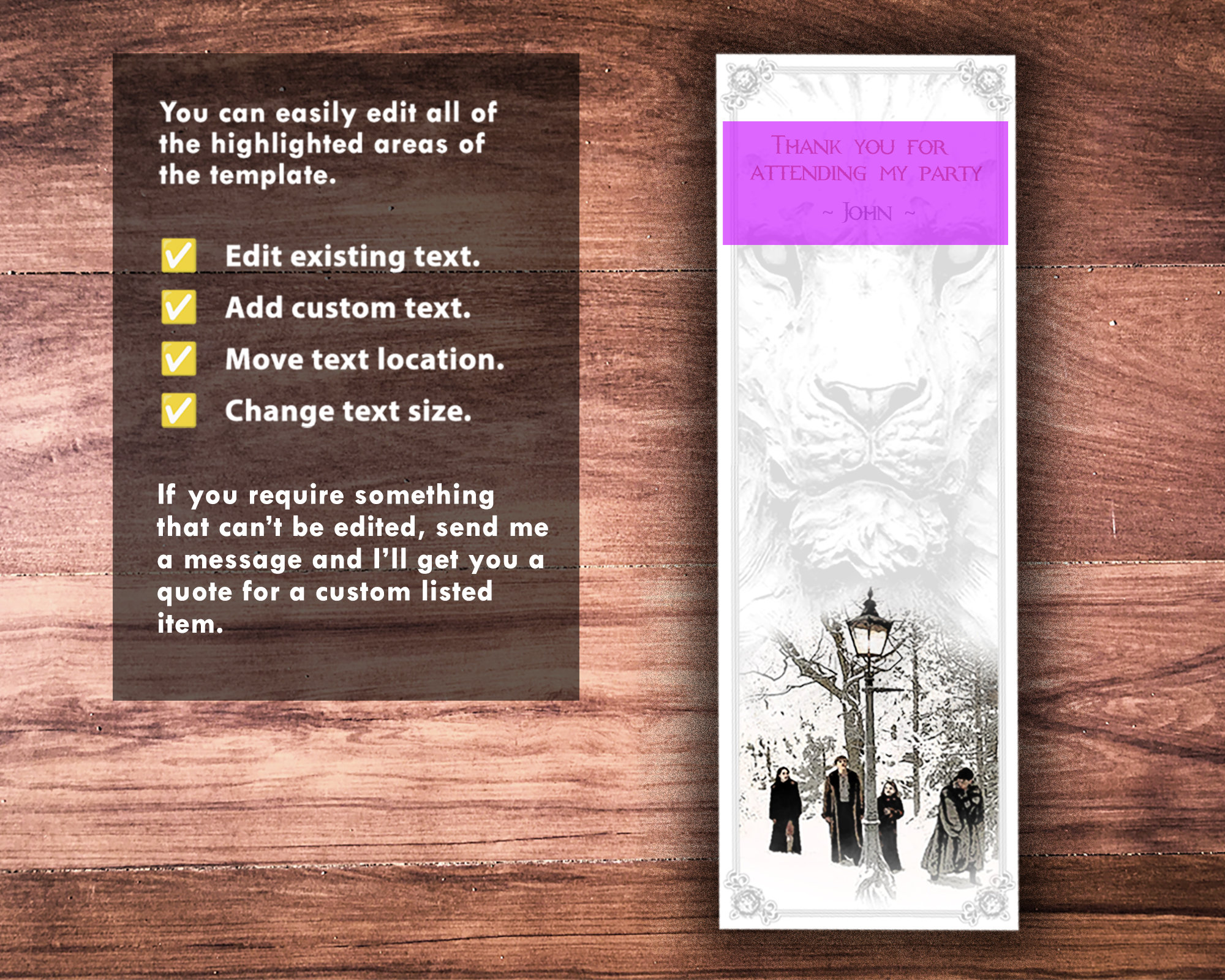 Editable Narnia Party Bookmark Template, Birthday Party Decor, Instant ...