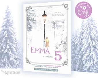 May include: A white and purple invitation card with a snowy forest scene and a lamppost. The text reads "Join us in Narnia" and "Emma is turning 5".