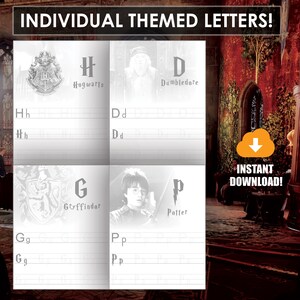 Może przedstawiać: Drukowana karta pracy z czterema literami w temacie Harry'ego Pottera: H dla Hogwartu, D dla Dumbledore'a, G dla Gryffindoru i P dla Pottera. Każda litera ma odpowiadające jej zdjęcie i miejsce do śledzenia litery małymi i dużymi literami.