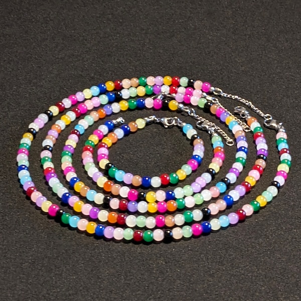 Handmade Multicolor 6mm Glass Beaded Choker Necklaces and Bracelets. 100% Stainless Steel Metal. All Occasions, Fun, Casual, Timeless, Gift!