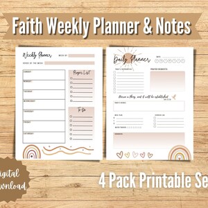 Puede incluir: Un conjunto de cuatro planificadores semanales y diarios imprimibles basados en la fe. Los planificadores presentan un esquema de color beige y marrón con un diseño de arcoíris. El texto "Faith Weekly Planner & Notes" está en la parte superior de la imagen. El texto "4 Pack Printable Set" está en la parte inferior de la imagen.