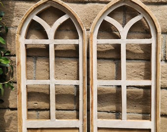 Farmhouse Arch Wood Frame Window Distress White Shabby Chic Tranito Set of 2, 34&quot; H