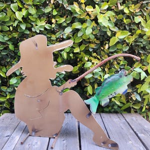 24&quot; L Rustic Man Fishing Metal Statue Garden Art Home Decor