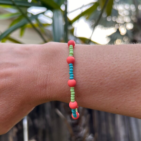 Teal, Green and Orange Beaded Bracelet