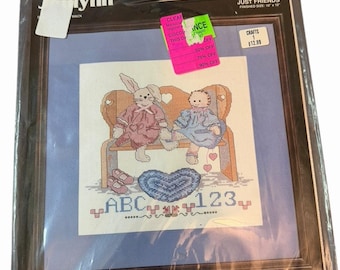 1989 Vintage New Janlynn Cross Stitch Kit 82-02 JUST FRIENDS 10x10 Bunny Doll