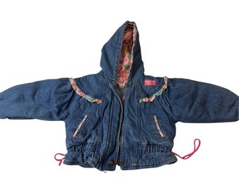 Rare Vintage OshKosh B'Gosh Sz 3 Toddler Denim Jean Jacket Coat Pink Flowers