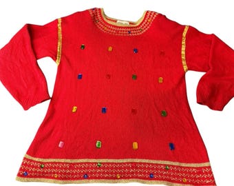 Vintage Victoria Jones Medium Sweater Jeweled Red & Gold Ugly Christmas Holiday