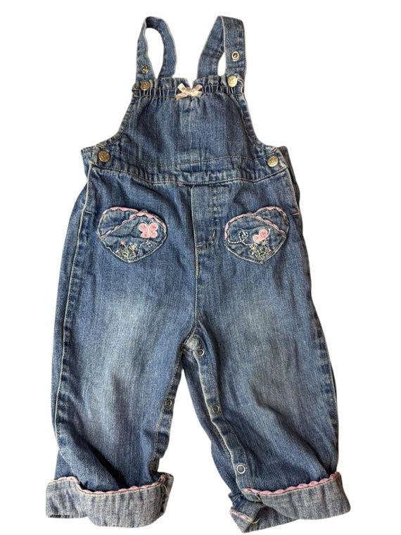 Vintage 6-9 Months 90s Faded Glory Overalls Denim Jean Embroidered