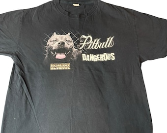 Vintage Large Pitbull Dog Beware Dangerous Graphic T-Shirt Y2K 90s Double Sided