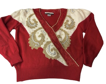 Vintage Large Dana Scott 80s Red White Gold Beaded Sweater Christmas Shiny