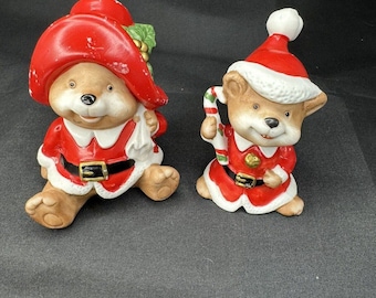 Vintage Homco Christmas Santa Family Bear Pair Figurines #5600 1980s