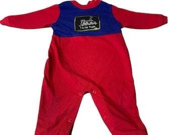 Vintage Y2K 6/9 Months Small Steps Red Blue Train Romper Snap Jumpsuit Boys