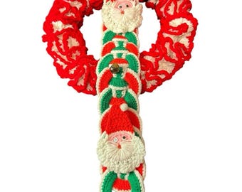Vintage Handmade Crochet Christmas Wreath 14 In & Santa Door Hanger Bells Ruffle