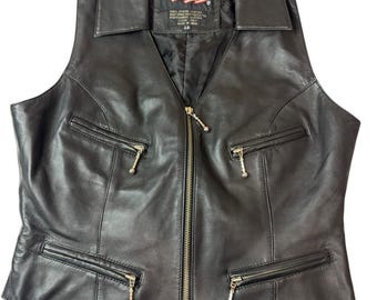 Vintage Sz Large Women’s Easy Riders Black Leather Moto Zip Vest Motorcycle READ