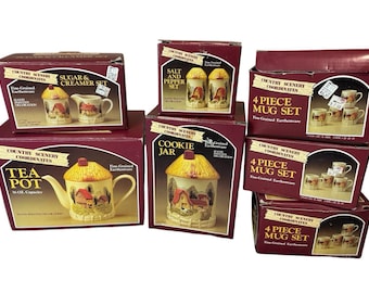 Vintage Country Scene Earthenware 18 Pc. Dish Set Farmhouse Mugs Teapot Cookie