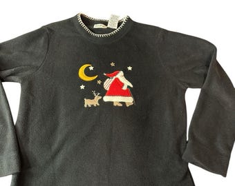 Small White Stag Fleece Sweater Top Christmas Santa & Dog Embroidered Holiday