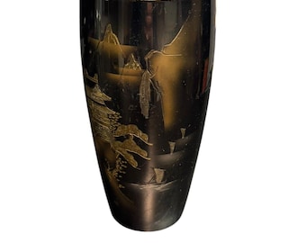 Vintage Mixed Metal 9" Japan Pagoda Vase Black and Gold