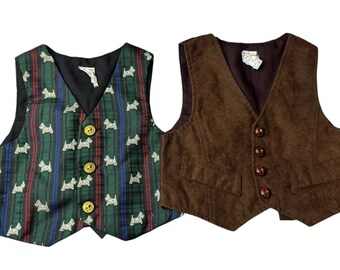 Vintage 90s Baby Boy Vest Set, Tartan Plaid & Schnauzer, Faux Suede, 18M