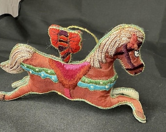 Vintage Chinese Embroidered Satin Silk Carousel Horse Christmas Ornament RARE
