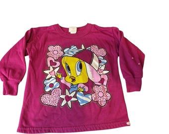 Sz 4T Vintage 1997 90s Tweety Shirt Looney Tunes Pink Glitter Sweatshirt READ