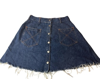 Vintage Lady Seafarer Dungarees Denim Jean Skirt Frayed 26 Inch Waist Sz 2 or 4