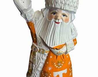 Sergiev Posad, figura rusa de madera tallada de Papá Noel de 8 pulgadas, Tennessee Vols, naranja, firmada, pieza única.