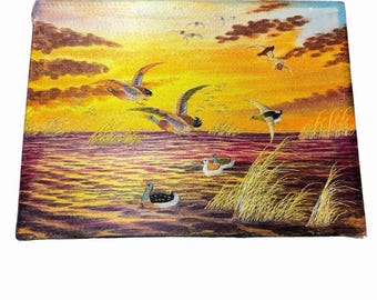 Vintage Needlepoint Embroidered Art Ducks Birds Sunset Lake 8x11 Picture Gallery