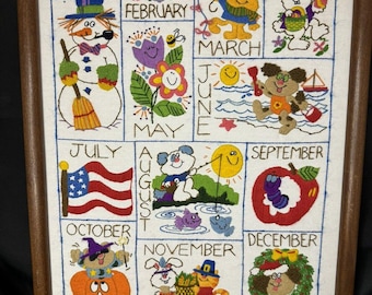 Vintage 1981 Dimensions Needlepoint Framed Embroidery Completed Months Activity