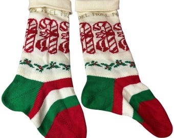 Vintage Pair of Christmas Wool Sweater Stockings Noel Candy Canes Lynda Roy