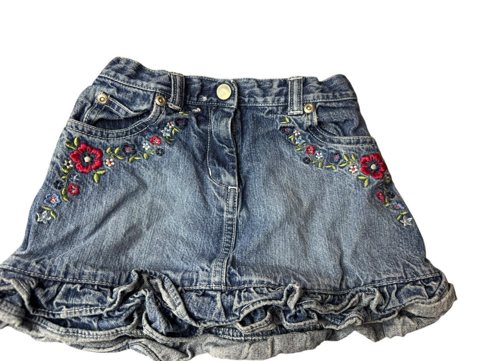 Sz Vintage Gymboree Denim Jean Skirt Embroidered Flowers Ruffle