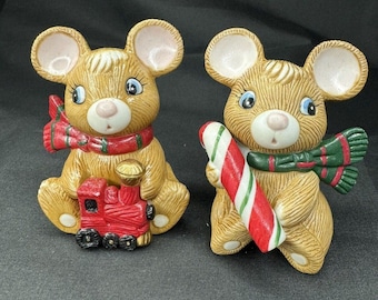 Vintage Homco Christmas Mouse Ceramic Figurine Mice Pair 4" Holiday #5210