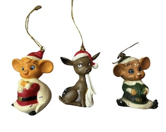 Vintage Santa Elves Christmas Mouse Deer Hard Plastic Figures Hong Kong