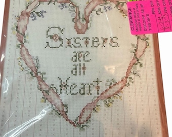 1990 Vintage New Cross Stitch Kit Sisters are all Heart Pink Frame Flowers 8x10