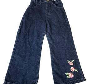 Sz 4T Vintage Fisher Price Denim Wide Leg Jeans Pink Embroidered Flowers 90s Y2K
