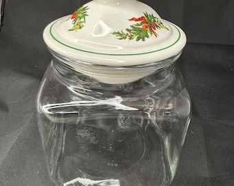 Vintage PFALTZGRAFF Holly Porcelain Topped Square Glass Canister Christmas Jar